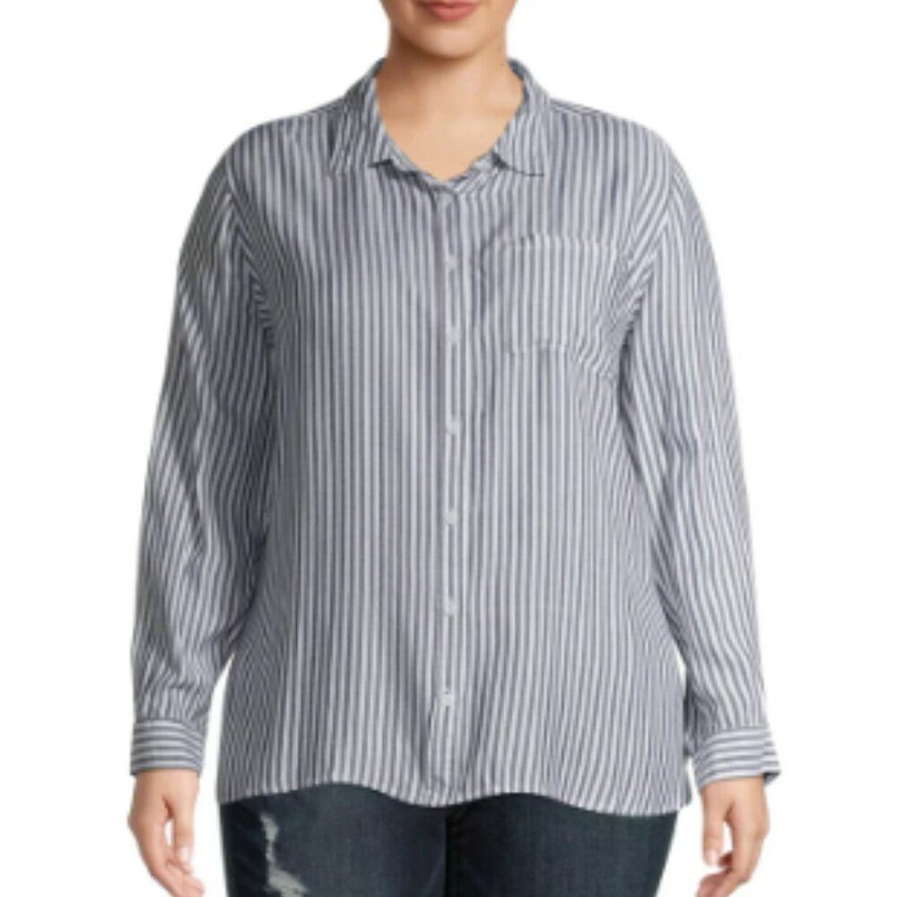 Terra Sky Women's Gray & White Striped Button Down Shirt 1X